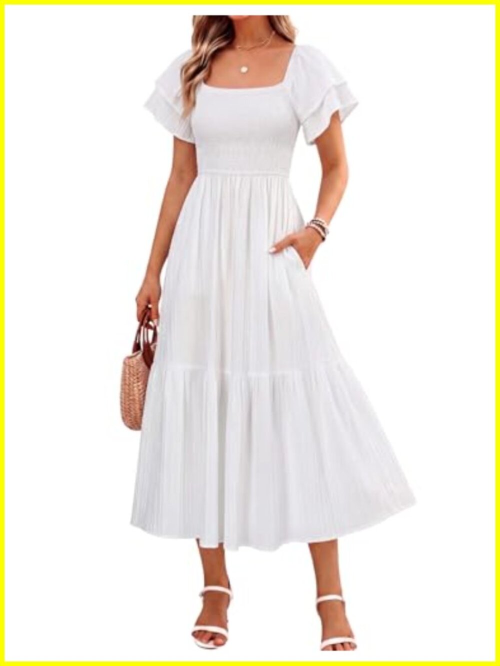 Women's Midi Dress Square Neck Off Shoulder Ruffle Sleeve High Waist Vacation